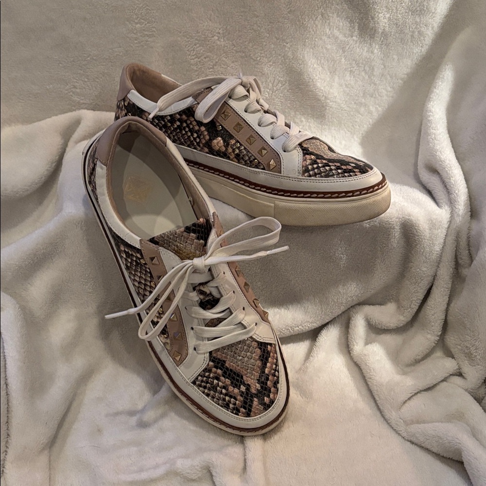 Women's Snake-Print Lace-Up Sneakers in Brown, Beige and White